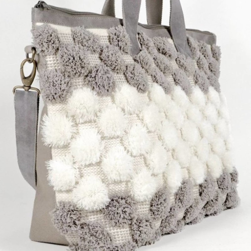 Handwoven Pom Pom Boston Bag - Gray - Picture 2 of 4